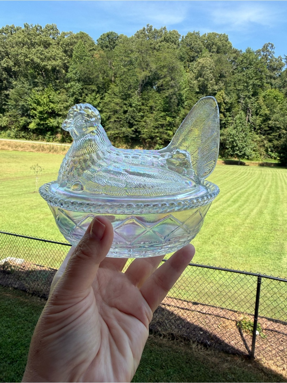 Mosser for Rosso Crystal Carnival Glass Hen on Nest - Westmoreland Mould